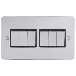 Eurolite Efpss6Swpsb 6 Gang 10Amp 2Way Switch Flat Polished Stainless Steel Plate Matching Rockers Black Trim