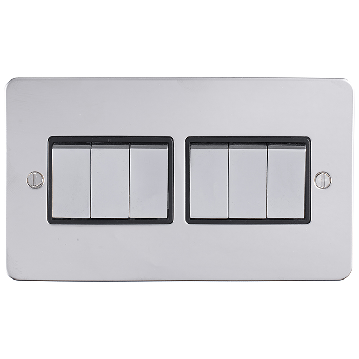 Eurolite Efpss6Swpsb 6 Gang 10Amp 2Way Switch Flat Polished Stainless Steel Plate Matching Rockers Black Trim