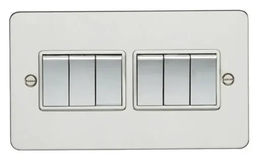 Eurolite Efpss6Swpsw 6 Gang 10Amp 2Way Switch Flat Polished Stainless Steel Plate Matching Rockers White Trim