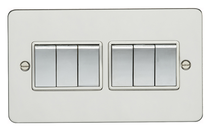 Eurolite Efpss6Swpsw 6 Gang 10Amp 2Way Switch Flat Polished Stainless Steel Plate Matching Rockers White Trim