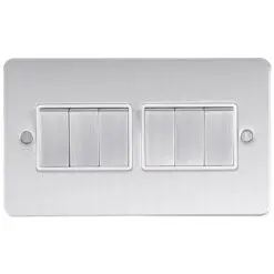 Eurolite Efsss6Swssw 6 Gang 10Amp 2Way Switch Enhance Flat Satin Stainless Steel Plate Matching Rockers White Trim