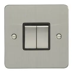 Eurolite Efsss2Swssb 2 Gang 10Amp 2Way Switch Enhance Flat Satin Stainless Steel Plate Matching Rockers Black Trim