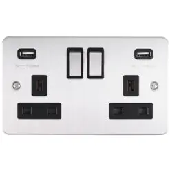 Eurolite Efsss2Usbssb 2 Gang 13Amp Socket With Comb3.1 Amp Usb Outlets Round Edge Enhance Flat Satin S/Steel Plate Match Rockers Black Trim