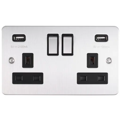 Eurolite Efsss2Usbssb 2 Gang 13Amp Socket With Comb3.1 Amp Usb Outlets Round Edge Enhance Flat Satin S/Steel Plate Match Rockers Black Trim