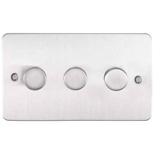 Eurolite Efsss3D400 3 Gang 400W Push On Off 2Way Dimmer Switch Enhance Flat Satin Stainless Steel Plate Matching Knobs