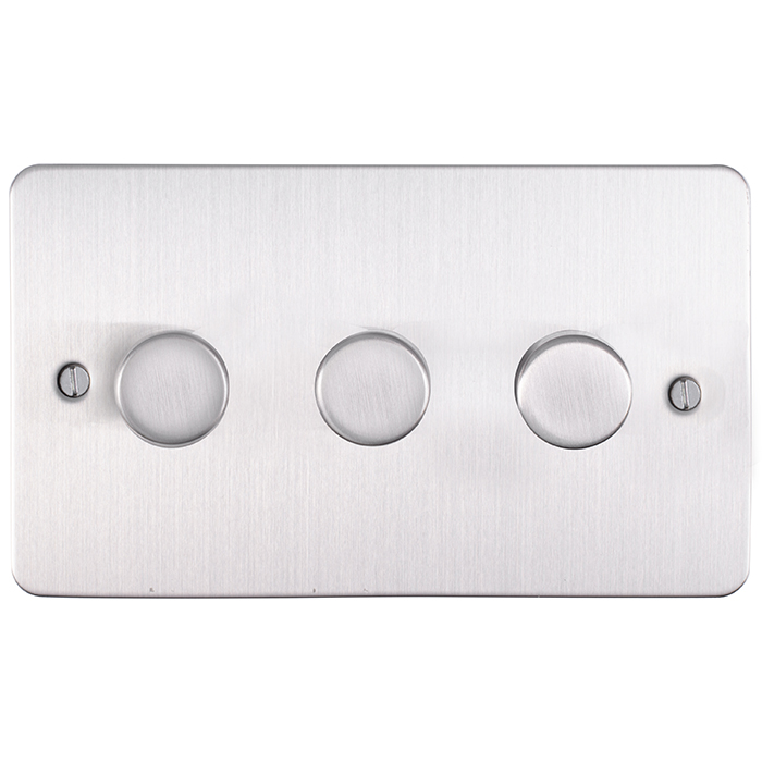 Eurolite Efsss3D400 3 Gang 400W Push On Off 2Way Dimmer Switch Enhance Flat Satin Stainless Steel Plate Matching Knobs