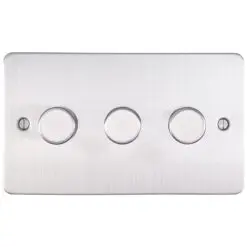 Eurolite Efsss3Dled 3 Gang Led Push On Off 2Way Dimmer Switch Enhance Flat Satin Stainless Steel Plate Matching Knobs