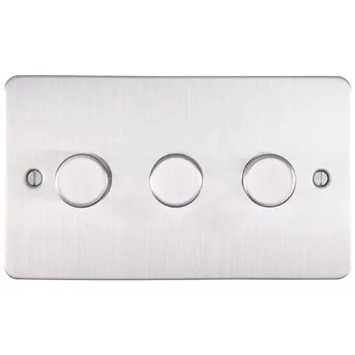 Eurolite Efsss3Dled 3 Gang Led Push On Off 2Way Dimmer Switch Enhance Flat Satin Stainless Steel Plate Matching Knobs