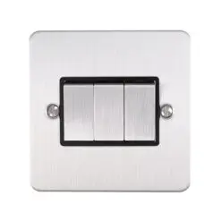 Eurolite Efsss3Swssb 3 Gang 10Amp 2Way Switch Enhance Flat Satin Stainless Steel Plate Matching Rockers Black Trim