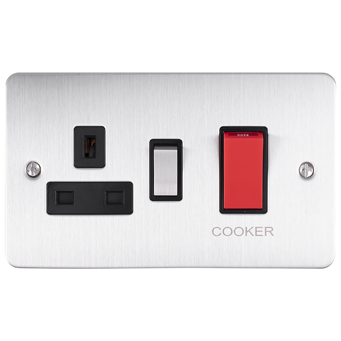 Eurolite Efsss45Aswasssb 45Amp Dp Cooker Switch With 13Amp Socket Enhance Flat Satin Stainless Steel Plate Red Rockers Black Trim