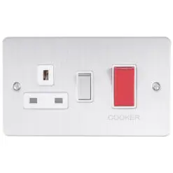 Eurolite Efsss45Aswasssw 45Amp Dp Cooker Switch With 13Amp Socket Enhance Flat Satin Stainless Steel Plate Red Rockers White Trim