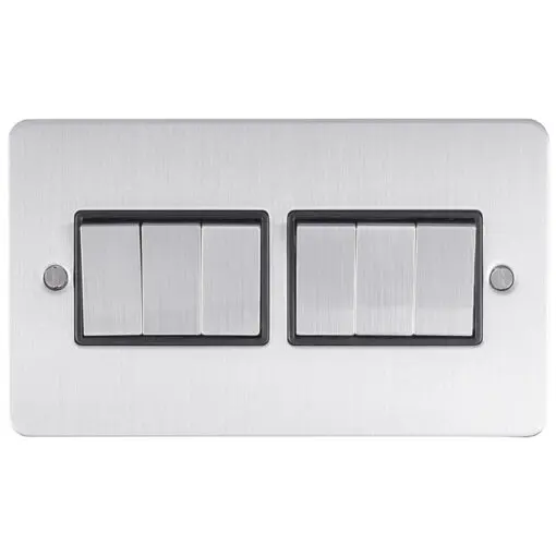 Eurolite Efsss6Swssb 6 Gang 10Amp 2Way Switch Enhance Flat Satin Stainless Steel Plate Matching Rockers Black Trim