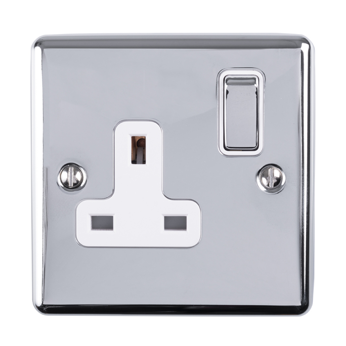 Eurolite En1Sopcw 1 Gang 13Amp Dp Switched Socket Polished Chrome Enhance Range White Trim