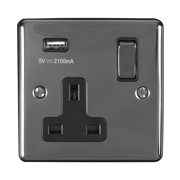 Eurolite En1Usbbnb 1 Gang 13Amp Switched Socket With 2.1 Amp Usb Outlet Black Nickel Enhance Range Black Trim