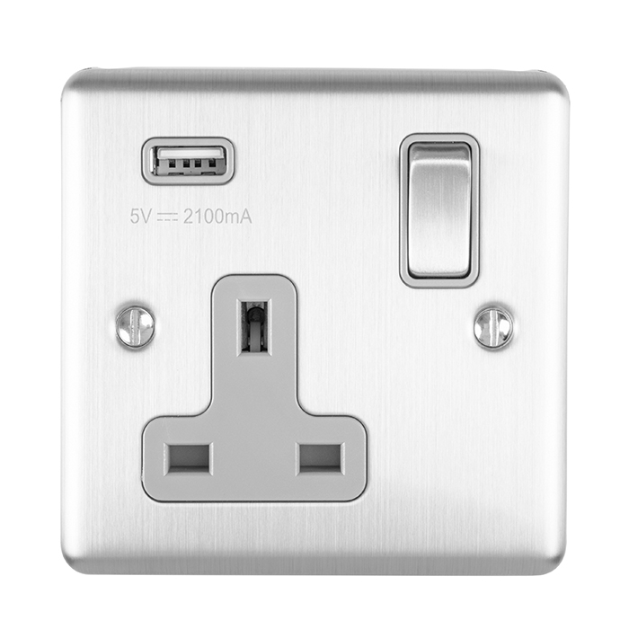 Eurolite En1Usbssg 1 Gang 13Amp Switched Socket With 2.1 Amp Usb Outlet Satin Enhance Range Grey Trim