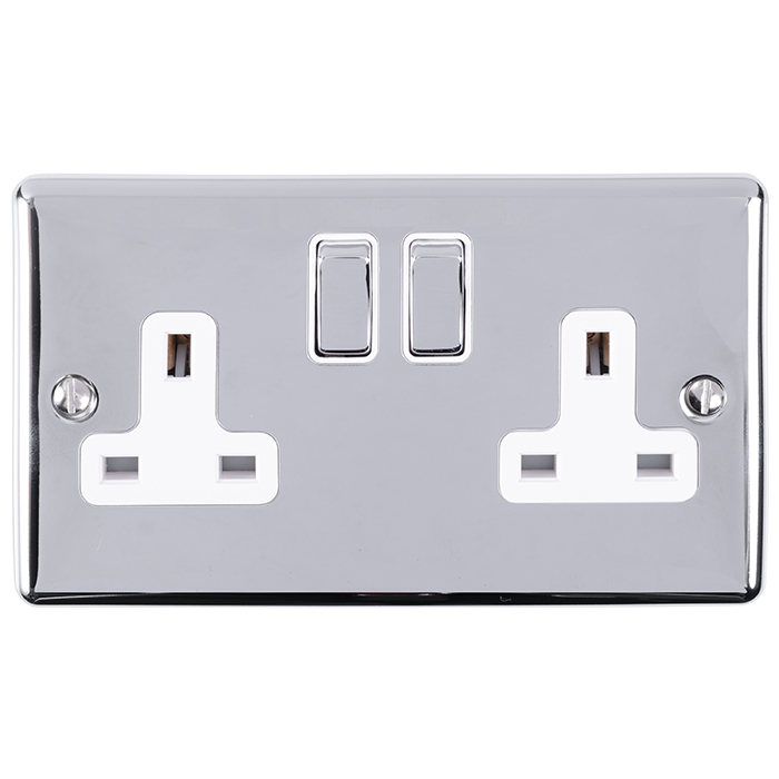 Eurolite En2Sopcw 2 Gang 13Amp Dp Switched Socket Polished Chrome Enhance Range White Trim