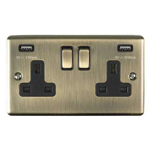 Eurolite En2Usbabb 2 Gang 13Amp Switched Socket With Comb 3.1 Amp Usb Outlets Antiqueenhance Range Black Trim