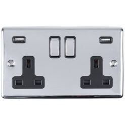 Eurolite En2Usbpcb 2 Gang 13Amp Switched Socket With Comb 3.1 Amp Usb Outlets Polished Chrome Enhance Range Black Trim