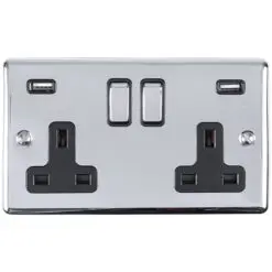 Eurolite En2Usbpcb 2 Gang 13Amp Switched Socket With Comb 3.1 Amp Usb Outlets Polished Chrome Enhance Range Black Trim