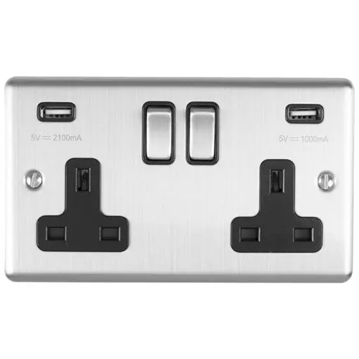 Eurolite En2Usbpcw 2 Gang 13Amp Switched Socket With Comb 3.1 Amp Usb Outlets Polished Chrome Enhance Range White Trim