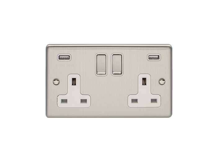 Eurolite En2Usbssw 2 Gang 13Amp Switched Socket With Comb 3.1 Amp Usb Outlets Satin Enhance Range White Trim