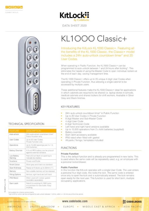 CODELOCKS KL1000 Plus Electronic Kitlock Cabinet Lock Silver Grey