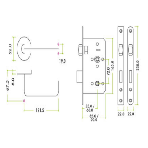 Zoo Hardware Lift To lock Kit Complete with Door Handle Set and Din Lock 60mm ZCS030LLSS-ZDL7260LLSS