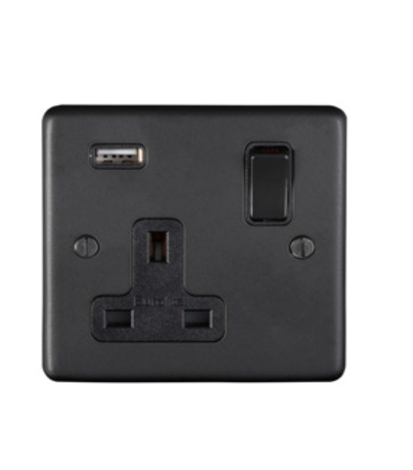 Eurolite Mb1Usbbnb 1 Gang 13Amp Switched Socket With 2.1 Amp Usb Outlet Round Edge Matt Black Plate Black Nickel Rocker