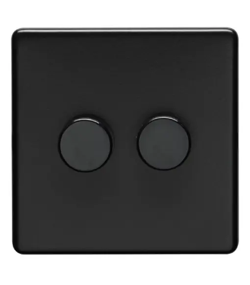 Eurolite Mb2D400 2 Gang 400W Push On Off 2Way Dimmer Switch Round Edge Matt Black Plate Black Nickel Knobs