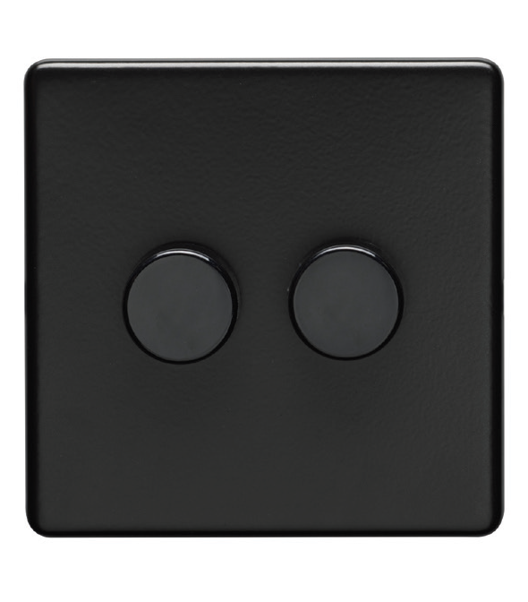 Eurolite Mb2D400 2 Gang 400W Push On Off 2Way Dimmer Switch Round Edge Matt Black Plate Black Nickel Knobs