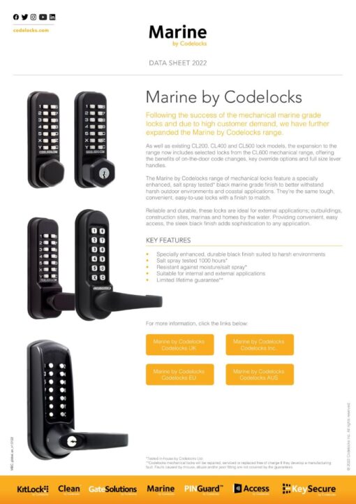 CODELOCKS 600 Mechanical Digital Locks Marine 600 series Front & Back Plate only Marine Grade Black