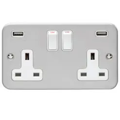Eurolite Mc2Usbw 2 Gang 13Amp Switched Socket With Combined 3.1 Amp Usb Outlets Metal Clad