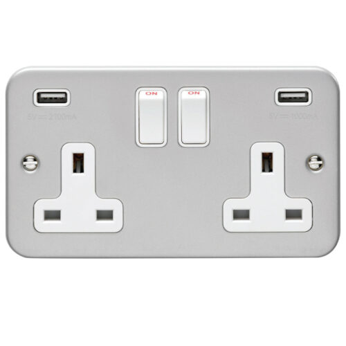 Eurolite Mc2Usbw 2 Gang 13Amp Switched Socket With Combined 3.1 Amp Usb Outlets Metal Clad