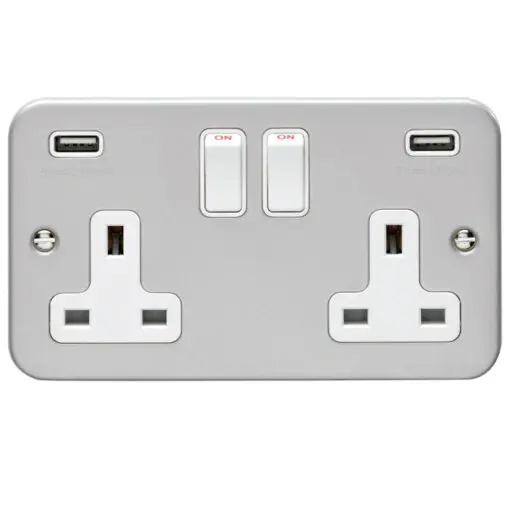 Eurolite Mc2Usbw 2 Gang 13Amp Switched Socket With Combined 3.1 Amp Usb Outlets Metal Clad