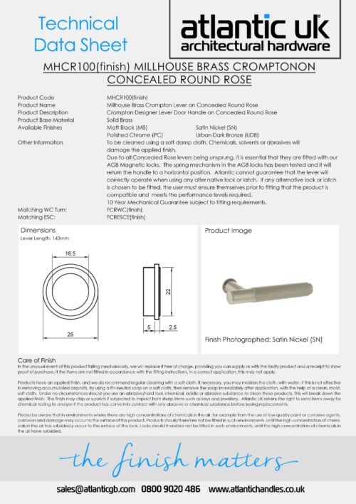 Millhouse Brass Crompton Lever Door Handle on Concealed Round Rose - Satin Nickel MHCR100SN