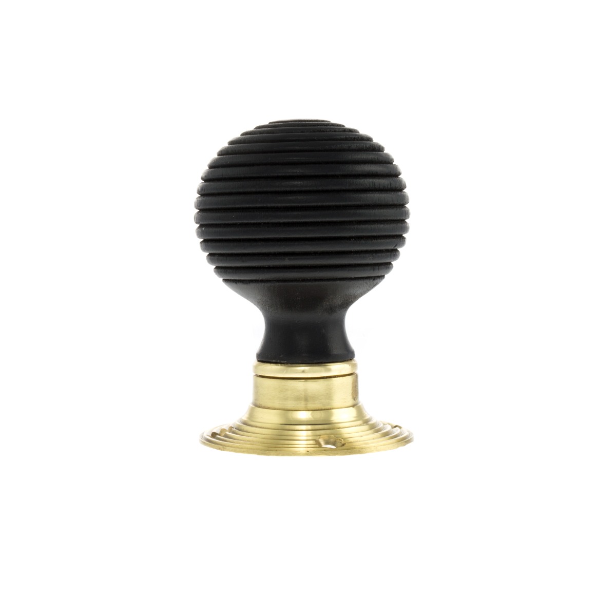 Old English Whitby Ebony Wood Reeded Mortice Knob on 60mm Face Fix Rose - Polished Brass OE60RREMKPB