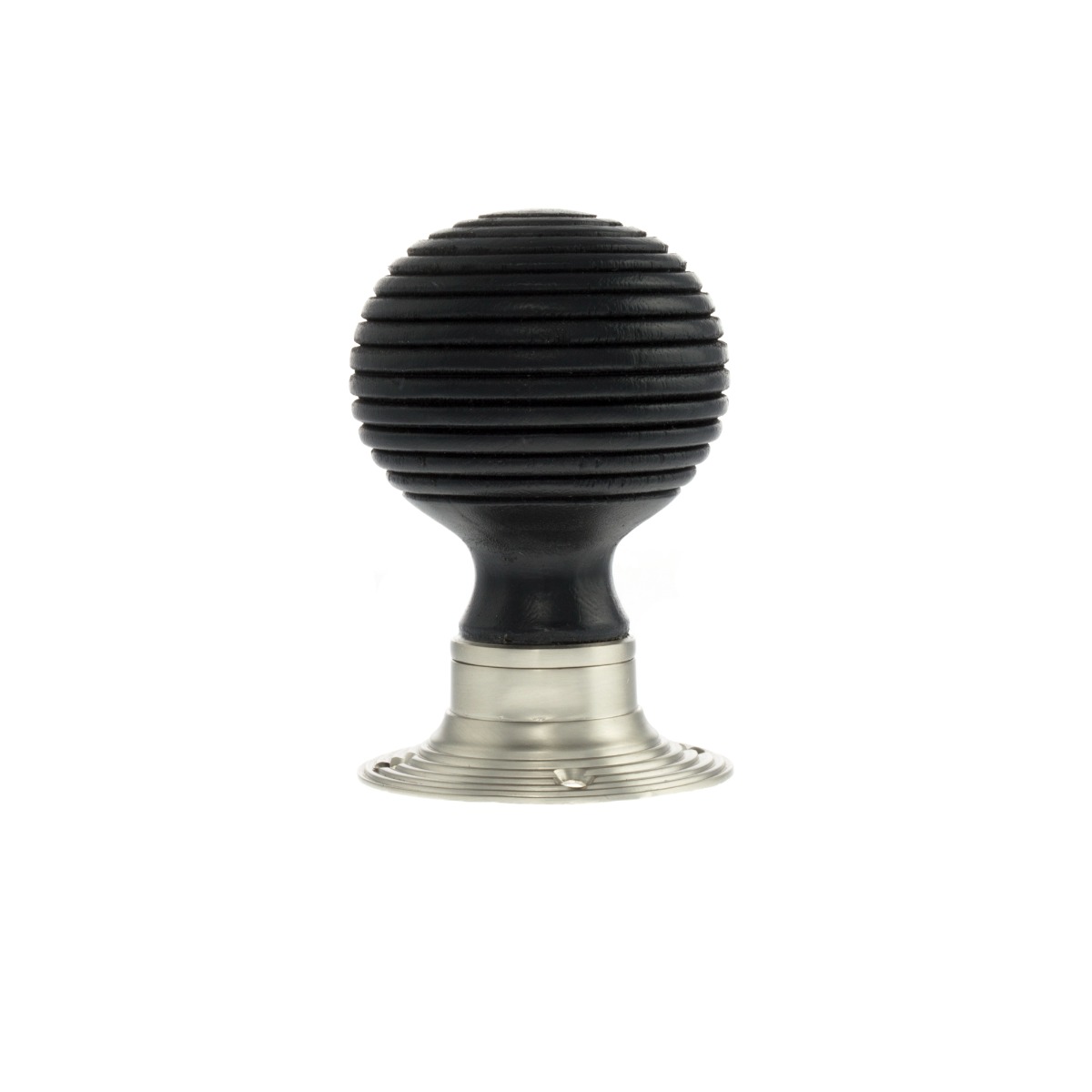 Old English Whitby Ebony Wood Reeded Mortice Knob on 60mm Face Fix Rose - Satin Nickel OE60RREMKSN