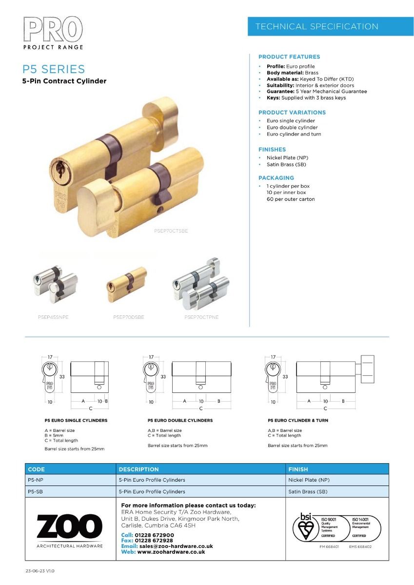 Zoo Hardware P5 100mm Cylinder and Turn Keyed to Differ Satin Brass P5EP100CTSBE