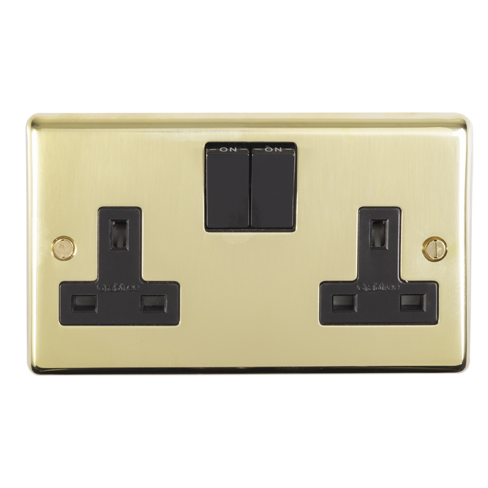 Eurolite Pb2Sob 2 Gang 13Amp Dp Switched Socket Round Edge Polished Brass Plate Black Rockers