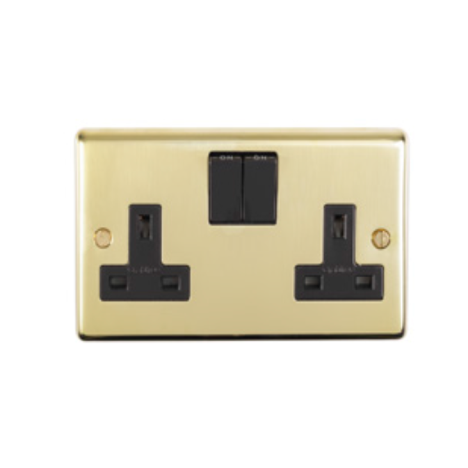 Eurolite Pb2Sopbw 2 Gang 13Amp Dp Switched Socket Round Edge Polished Brass Plate Matching Rockers White Trim