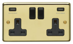 Eurolite Pb2Usbb 2 Gang 13Amp Switched Socket With Combined 4.8 Amp Usb Outlets Round Edge Polished Brass Plate Black Rockers