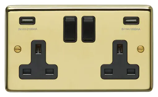 Eurolite Pb2Usbb 2 Gang 13Amp Switched Socket With Combined 4.8 Amp Usb Outlets Round Edge Polished Brass Plate Black Rockers