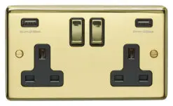 Eurolite Pb2Usbpbb 2Gang13Amp Switched Socket With Combined 4.8 Ampusb Outlets Round Edge Polished Brass Plate Matching Rockers Black Trim