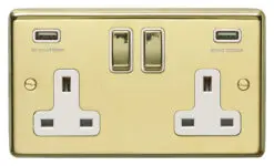 Eurolite Pb2Usbpbw 2Gang13Amp Switched Socket With Combined3.1Ampusb Outlets Round Edge Polished Brass Plate Matching Rockers White Trim