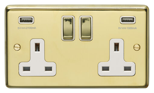 Eurolite Pb2Usbpbw 2Gang13Amp Switched Socket With Combined3.1Ampusb Outlets Round Edge Polished Brass Plate Matching Rockers White Trim