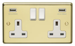 Eurolite Pb2Usbw 2 Gang 13Amp Switched Socket With Combined 3.1 Amp Usb Outlets Round Edge Polished Brass Plate White Rockers