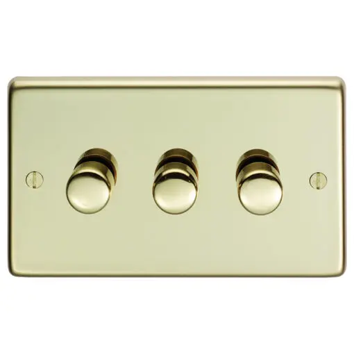 Eurolite Pb3D400 3 Gang 400W Push On Off 2Way Dimmer Round Edge Polished Brass Plate Matching Knobs