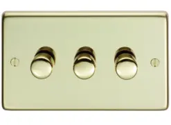 Eurolite Pb3Dled 3 Gang Led Push On Off 2Way Dimmer Round Edge Polished Brass Plate Matching Knobs