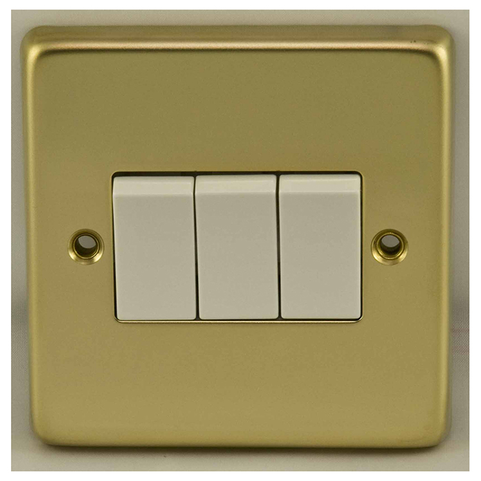 Eurolite Pb3Sww 3 Gang 10Amp 2Way Switch Round Edge Polished Brass Plate White Rockers