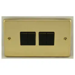 Eurolite Pb4Swb 4 Gang 10Amp 2Way Switch Round Edge Polished Brass Plate Black Rockers